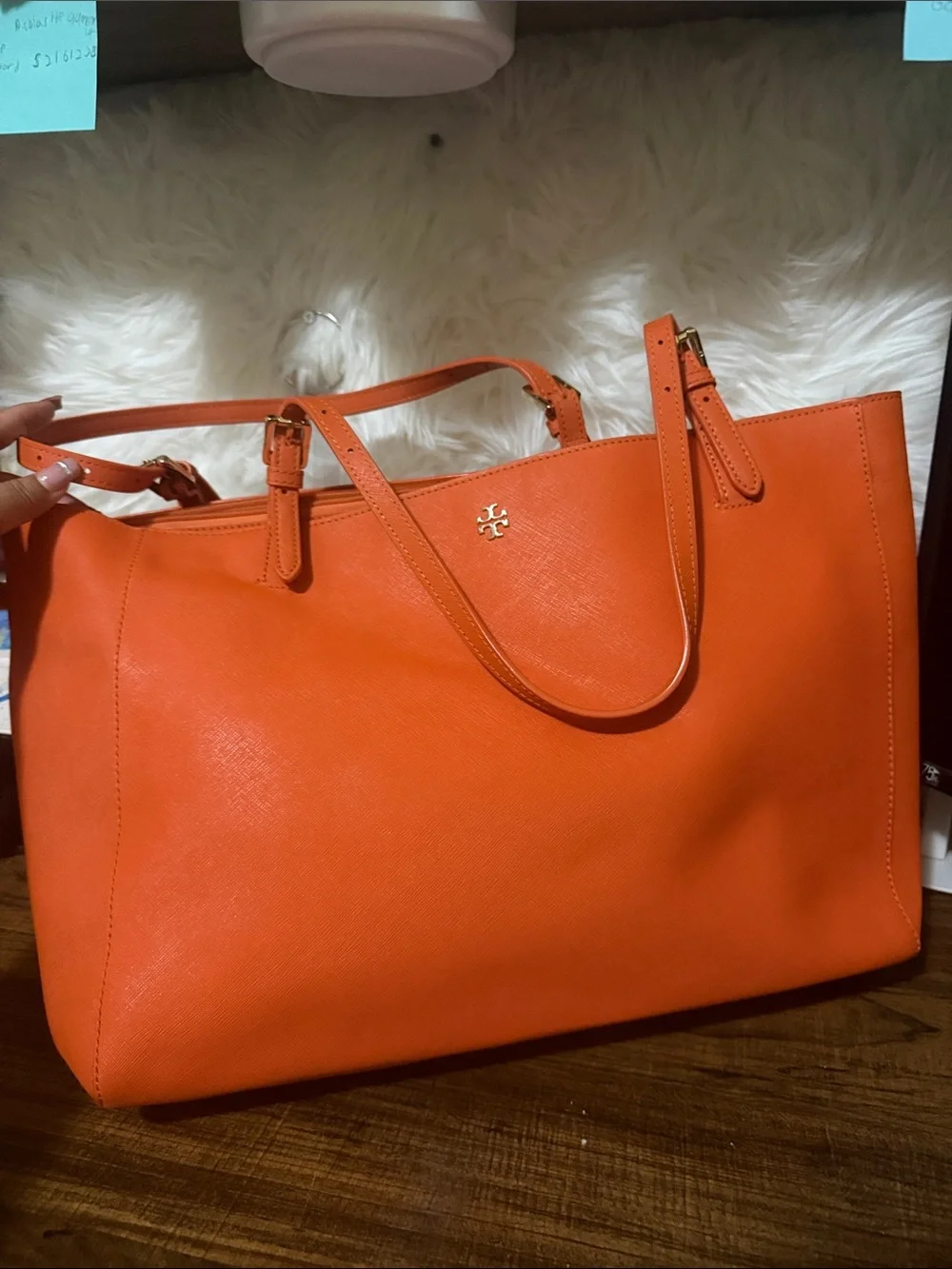 Tory Burch Bright Orange Saffiano Leather Tote